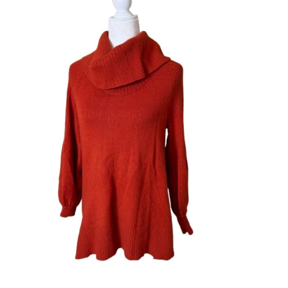 ANTHROPOLOGIE Cowl Neck Balloon Sleeve Soft Knit Orange Sweater Size Small